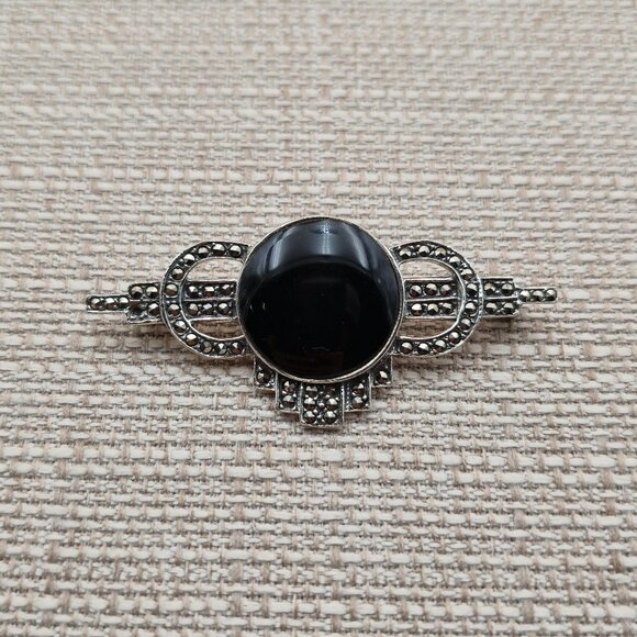 Jewelry - Sterling Silver Black Onyx And Marcasite Stones Pin Brooch B780